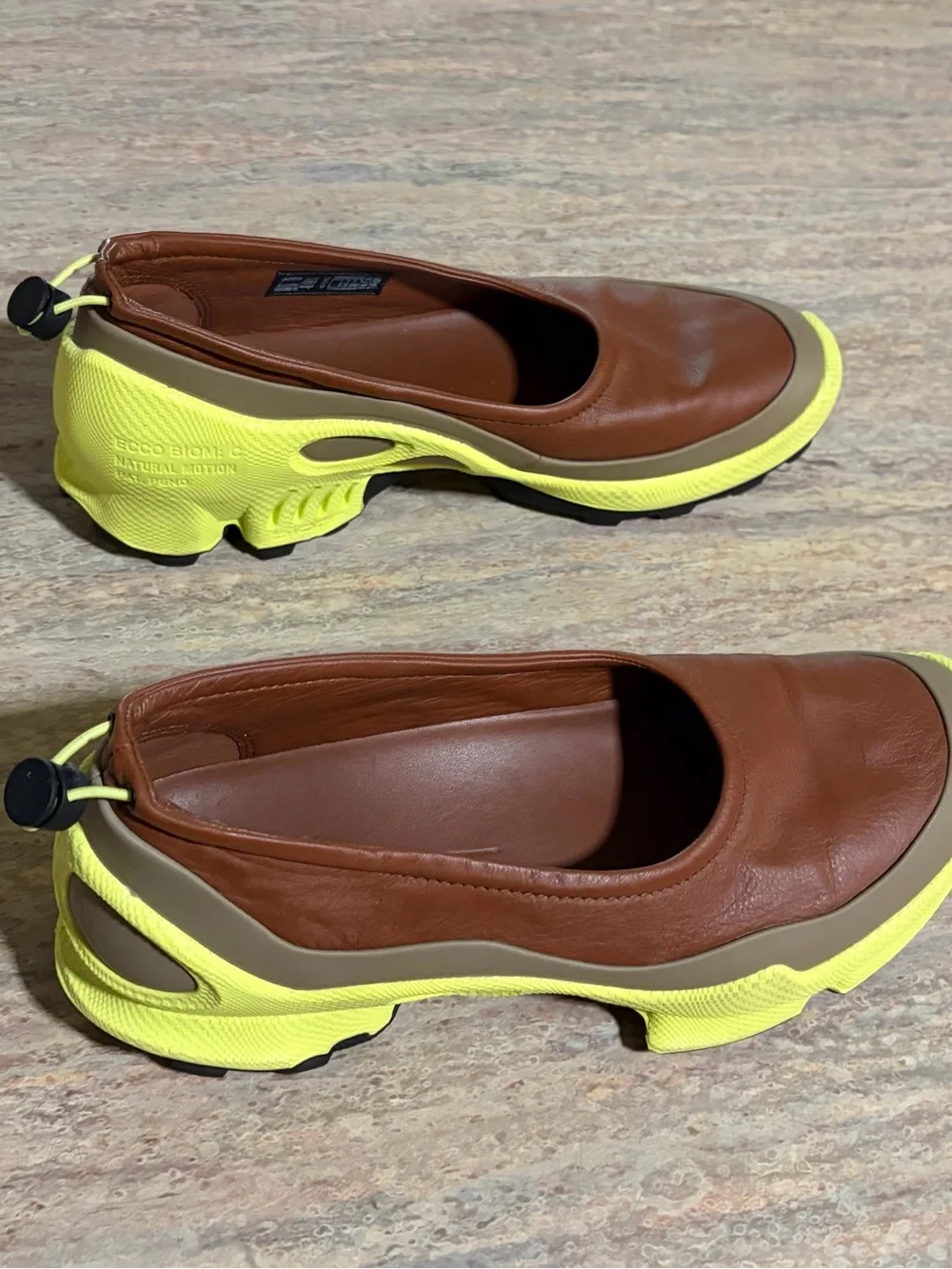 Ecco Biom Natural Motion Brown Leather Slip-On Sneakers with Neon Yellow Accents